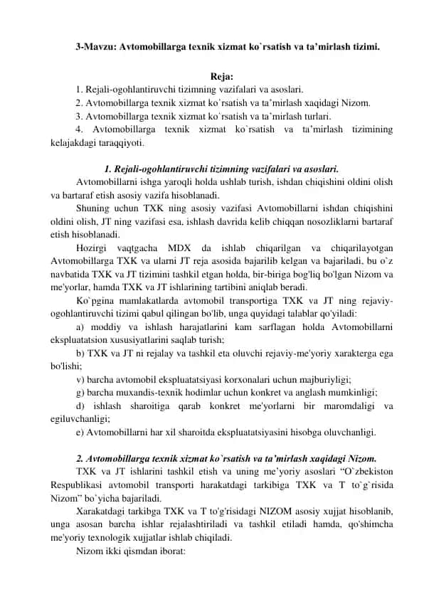 Avtomobillarga texnik xizmat ko`rsatish va ta’mirlash tizimi