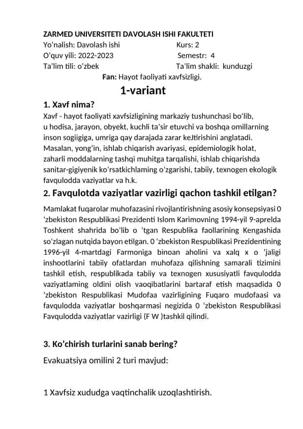 Xavf va hayot faoliyati xavfsizligi