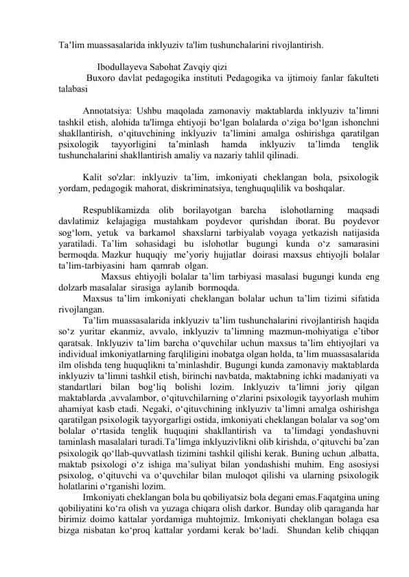 Taʼlim muassasalarida inklyuziv ta'lim tushunchalarini rivojlantirish.