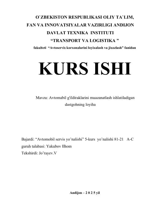 Avtomabil g'ildiraklarini muazanatlash ishlatiladigan dastgohning loyiha