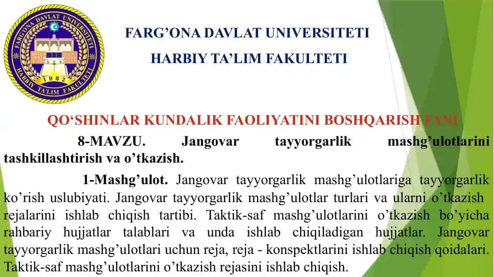 Jangovar tayyorgarlik mashg’ulotlari tashkillashtirish va o’tkazish