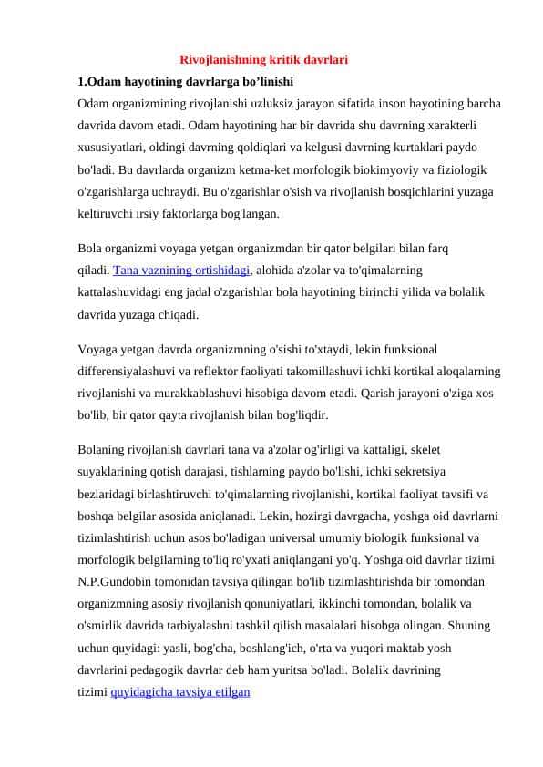 Rivojlanishning kritik davrlari