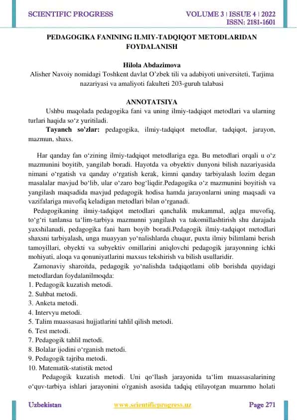 PEDAGOGIKA FANINING ILMIY-TADQIQOT METODLARIDAN FOYDALANISH