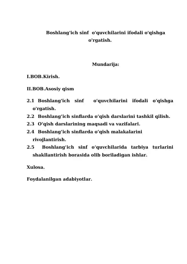 Boshlang'ich sinf o'quvchilarini ifodali o'qishga o'rgatish