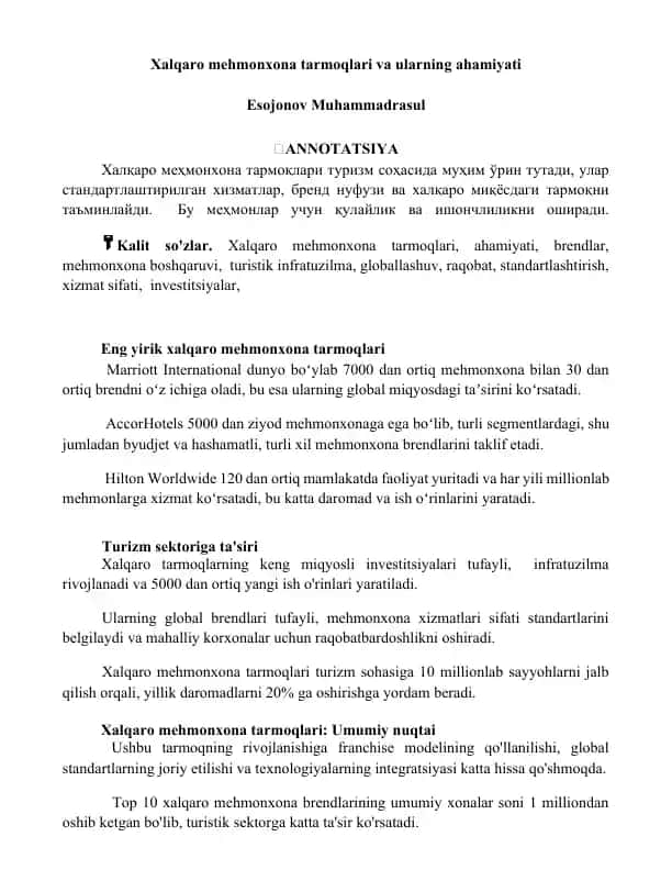 Xalqaro mehmonxona tarmoqlari va ularning ahamiyati