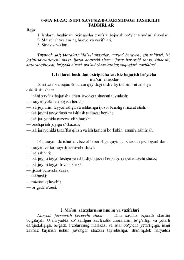 Ishni xavfsiz bajarishdagi tashkiliy tadbirlar
