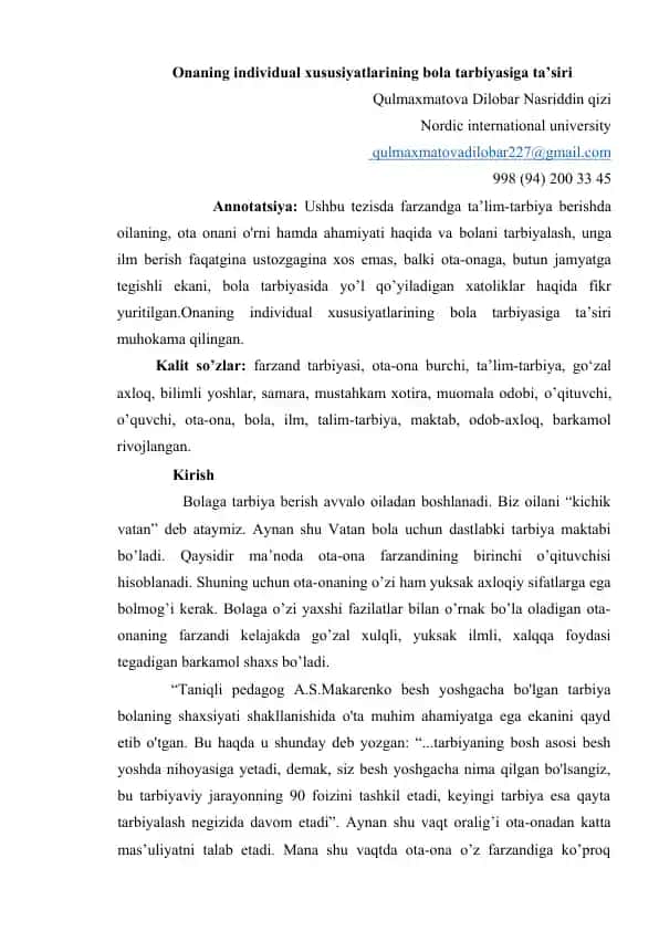 Farzandga Ta'lim-Tarbiya Berishda Ota-onaning Individual Xususiyatlari