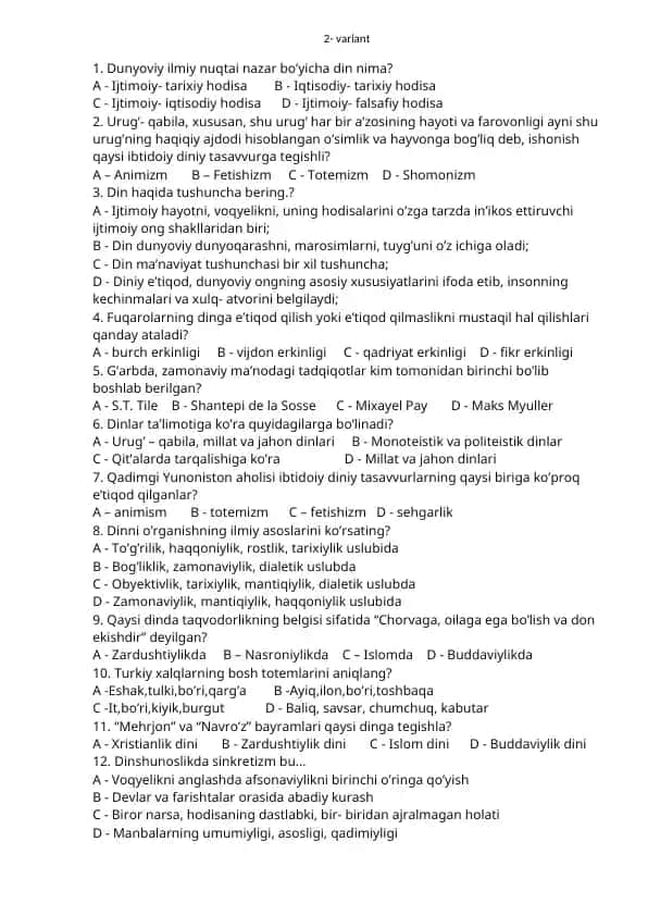 Dinshunoslik fanidan testlar