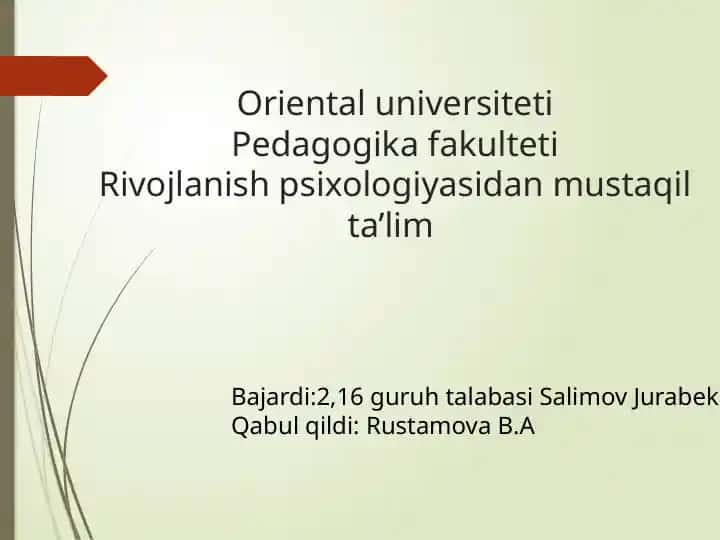 Rivojlanish psixologiyasidan mustaqil ta’lim