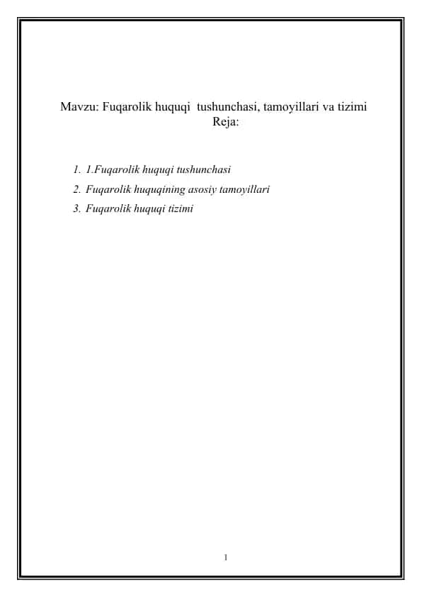 Fuqarolik Huquqi Tushunchasi, Tamoyillari va Tizimi
