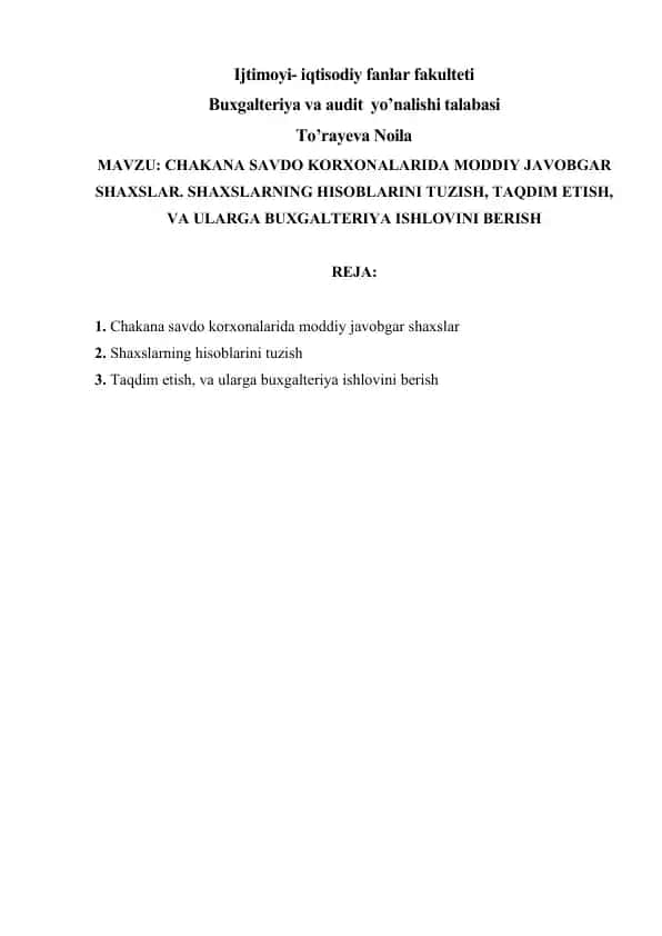 CHAKANA SAVDO KORXONALARIDA MODDIY JAVOBGAR SHAXSLAR