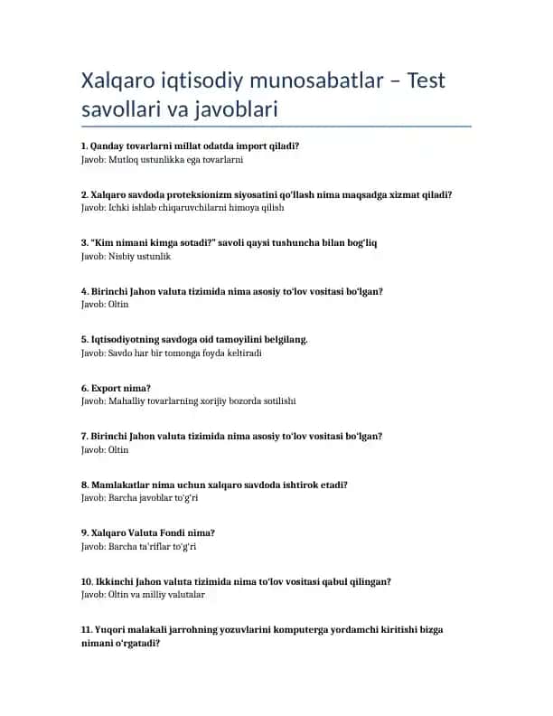 Xalqaro iqtisodiy munosabatlar – Test savollari va javoblari