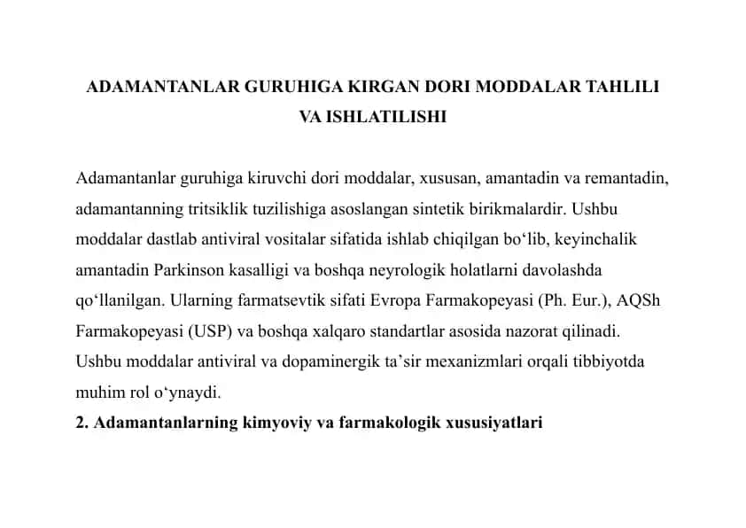 Adamantanlar Guruhiga Kirgan Dori Moddalar Tahlili va Ishlatilishi