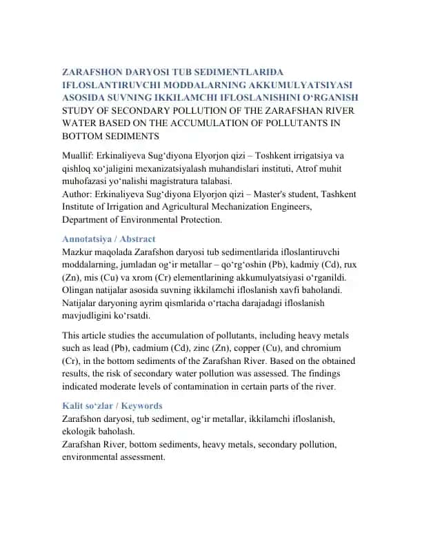 Zarafshon Daryosi Tub Sedimentlarida Ifloslantiruvchi Moddalarning Akkumulyatsiyasi