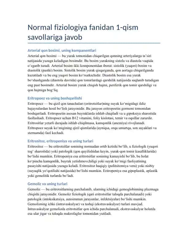 Normal fiziologiya fanidan 1-qism savollariga javob