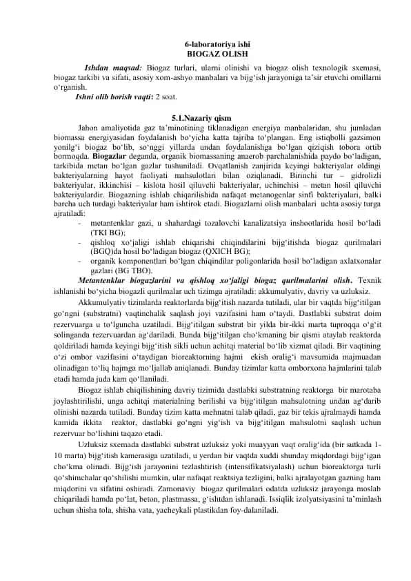 Biogaz olish laboratoriya ishi