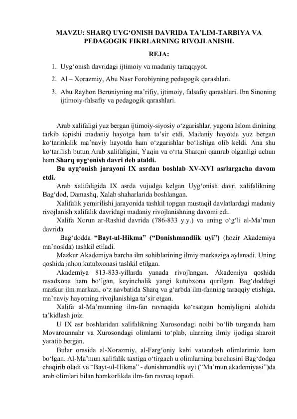 Sharq uyg‘onish davridagi ta’lim-tarbiya va pedagogik fikrlarning rivojlanishi
