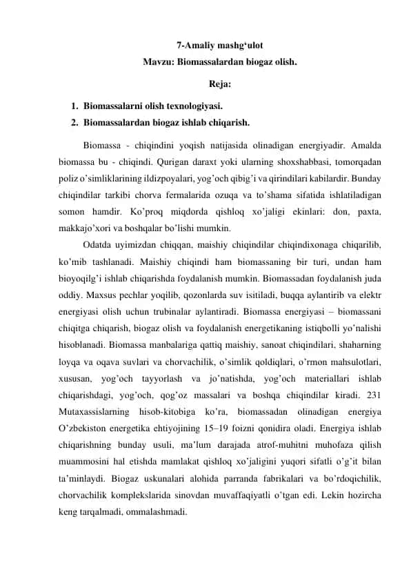 Biomassalardan biogaz olish