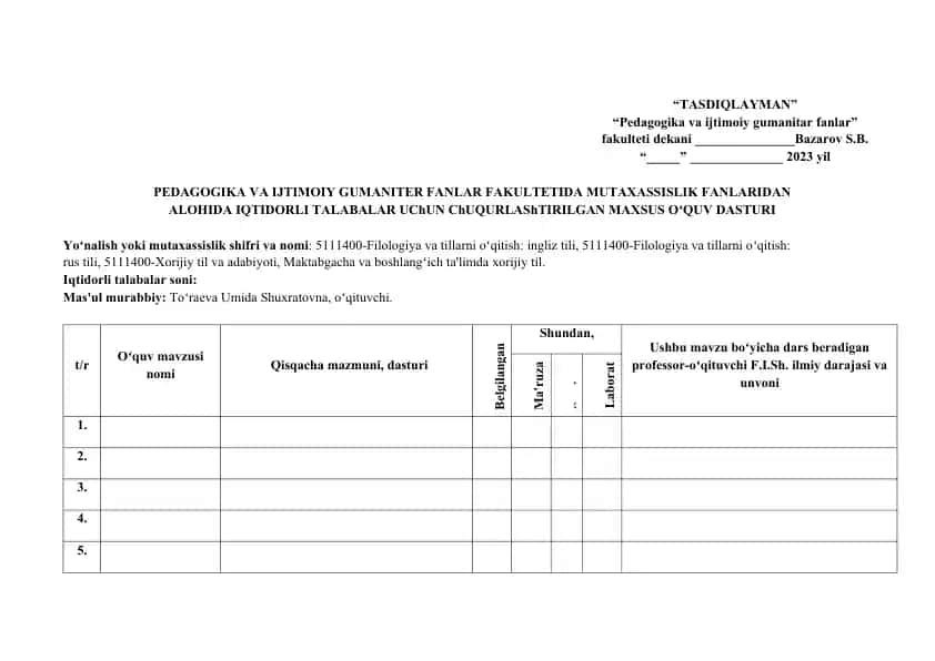 Chuqurlashtirilgan maxsus o‘quv dasturi (Pedagogika va ijtimoiy gumanitar fanlar fakulteti)