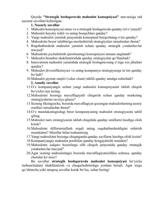 Strategik boshqaruvda mahsulot konsepsiyasi