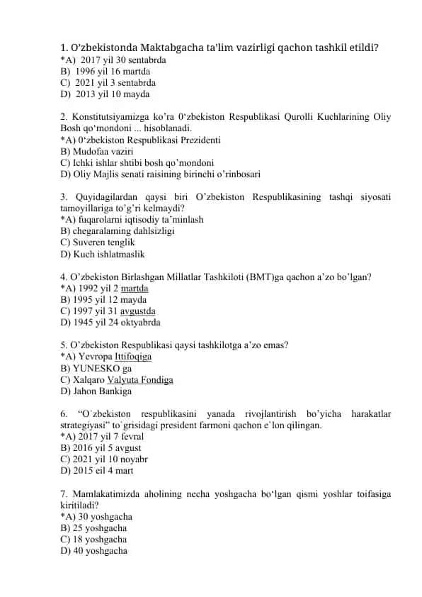 O'zbekiston Respublikasi tarixi test savollari