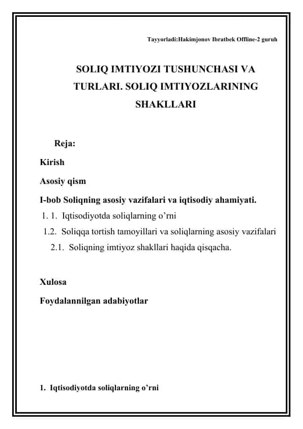 SOLIQ IMTIYOZI TUSHUNCHASI VA TURLARI. SOLIQ IMTIYOZLARINING SHAKLLARI