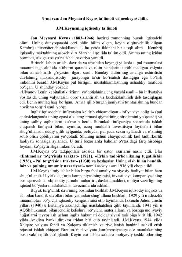 Jon Meynard Keyns taʼlimoti va neokeynschilik