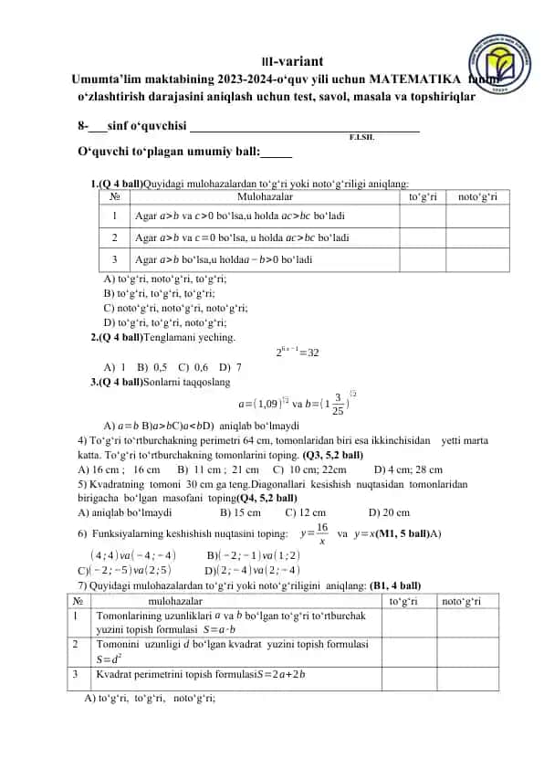 Umumta’lim maktabining 2023-2024-o‘quv yili MATEMATIKA fanini o‘zlashtirishdarajasini aniqlash testi