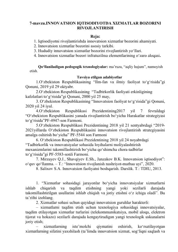 INNOVATSION IQTISODIYOTDA XIZMATLAR BOZORINI RIVOJLANTIRISH