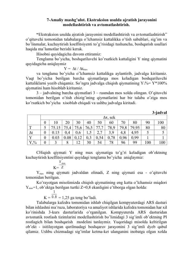 Ekstraksion usulda ajratish jarayonini modellashtirish va avtomatlashtirish