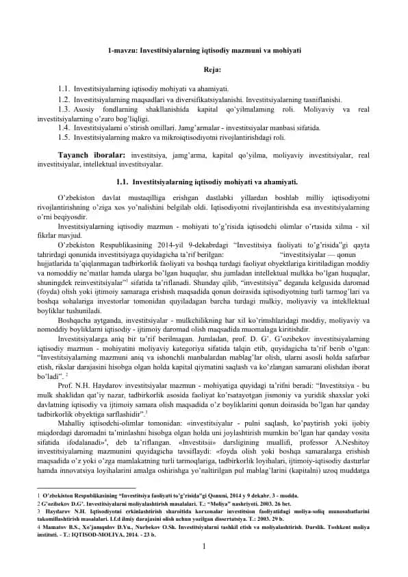 Investitsiyalarning iqtisodiy mazmuni va mohiyati