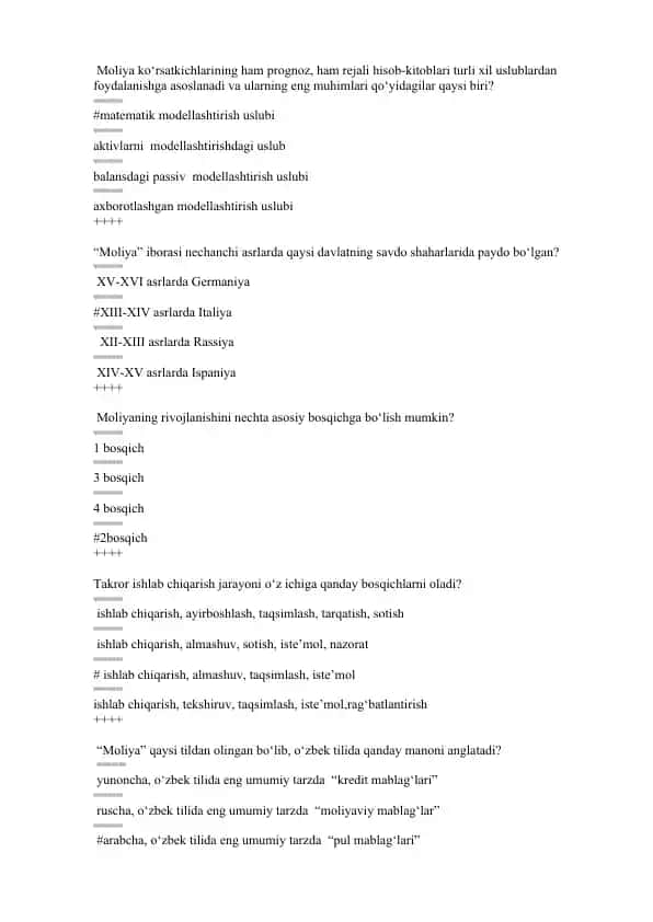 Moliya asoslari yakuniy test