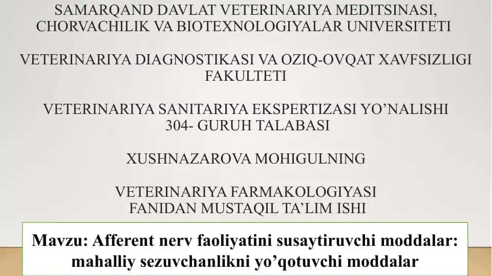 Veterinariya farmaoklogiyasi fanidan mustaqil ta'lim ishi