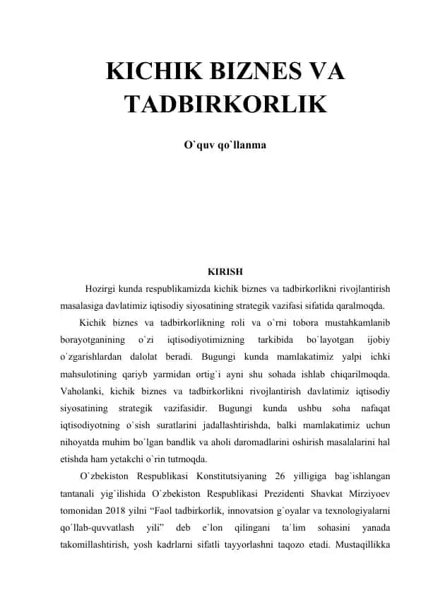 Kichik Biznes va Tadbirkorlik O`quv qo`llanma