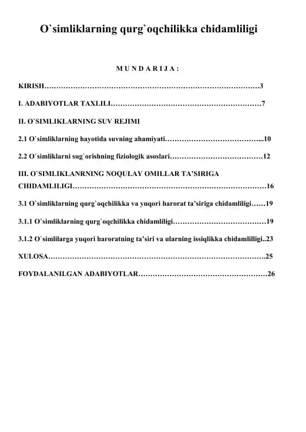 Qurg‘oqchilik va issiqlikka chidamlilikka oid o‘simliklar bo‘yicha kurs ishi