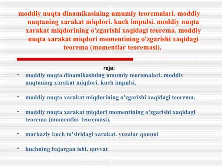 Moddiy Nuqtalar Dinamikasi (Dinamics of Material Points)