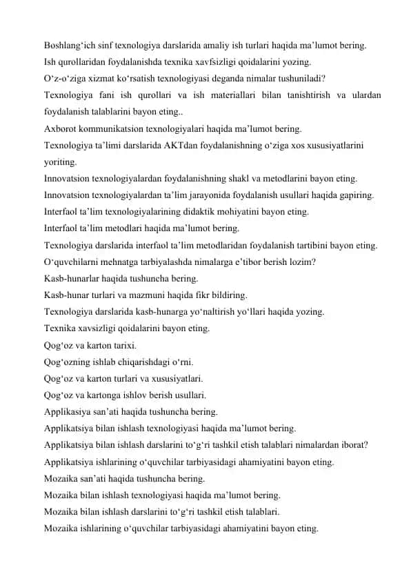 Boshlang‘ich sinf texnologiya darslarida amaliy ish turlari