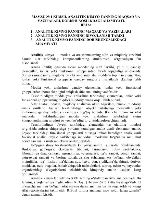 Analitik Kimyo Fanning Maqsad va Vazifalari