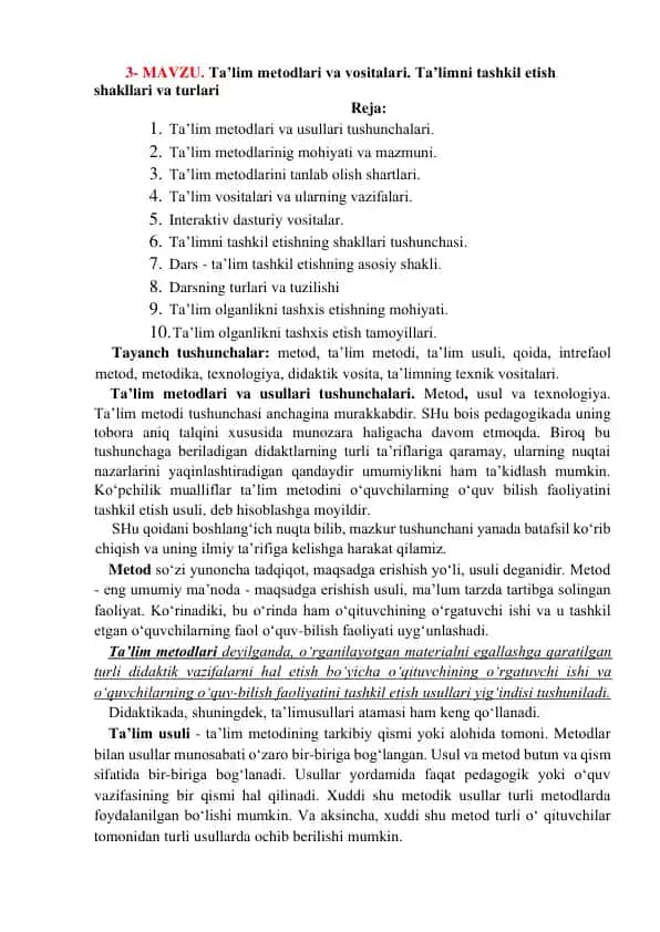 Ta’lim Metodlari va Vositalari