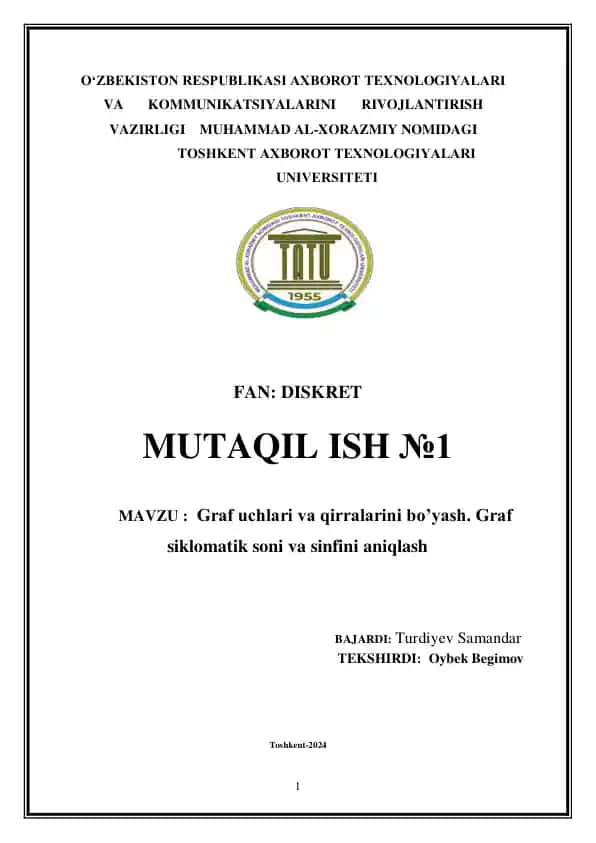 Graf uchlari va qirralarini bo’yash. Graf siklomatik soni va sinfini aniqlash