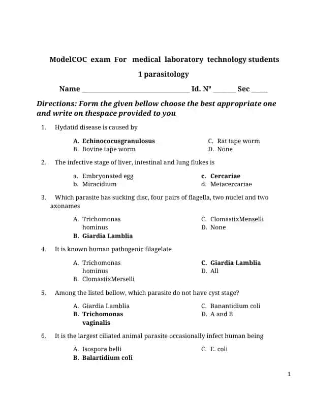 ModelCOC Exam for Medical Laboratory Technology Students