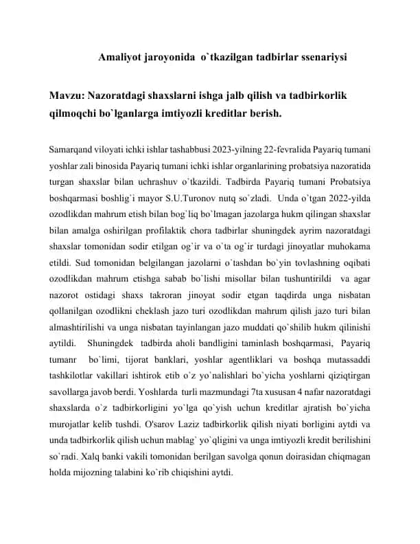 Amaliyot jaroyonida o`tkazilgan tadbirlar ssenariysi