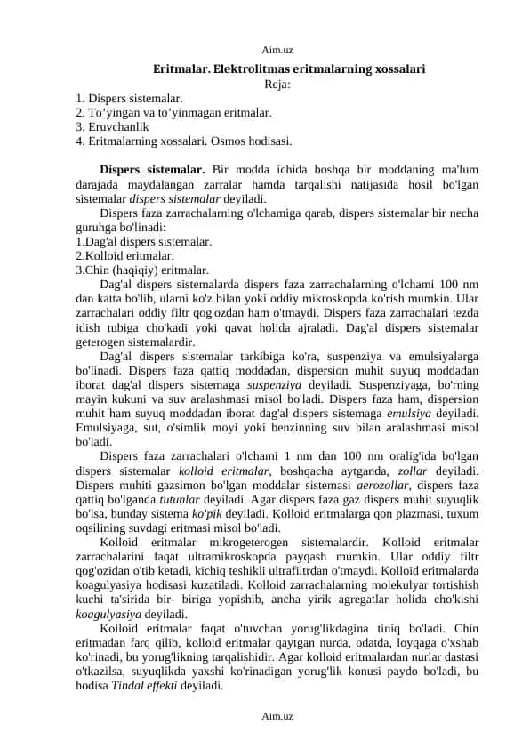 Eritmalar. Elektrolitmas eritmalarning xossalari
