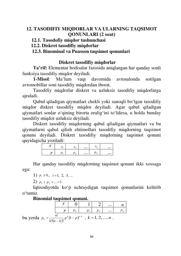 TASODIFIY MIQDORLAR VA ULARNING TAQSIMOT QONUNLARI