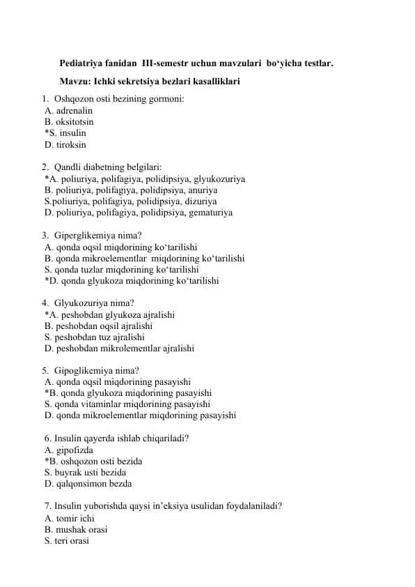 Pediatriya fanidan III-semestr uchun mavzulari bo‘yicha testlar