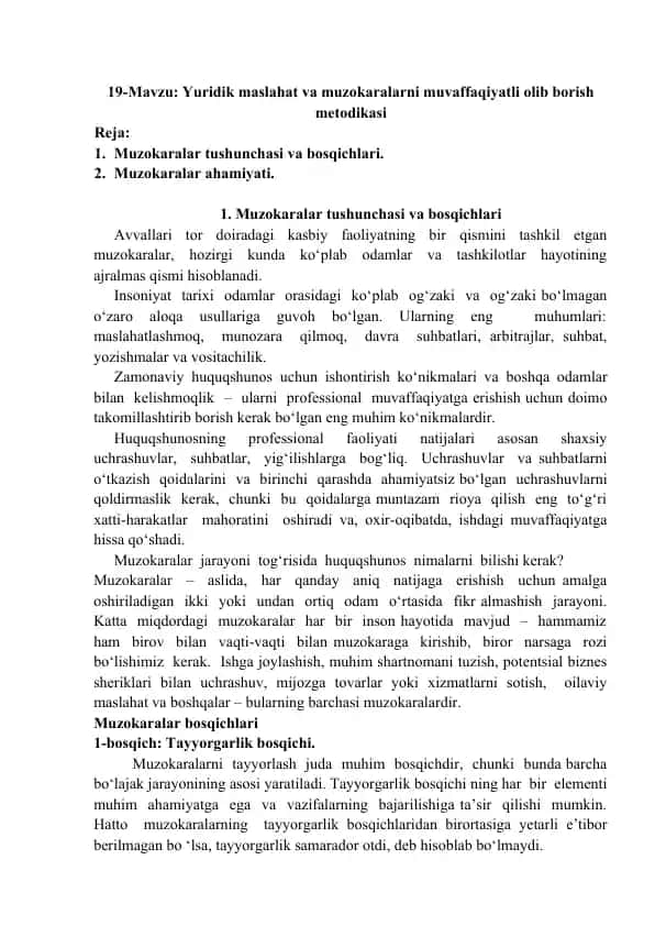 Yuridik maslahat va muzokaralarni muvaffaqiyatli olib borish metodikasi
