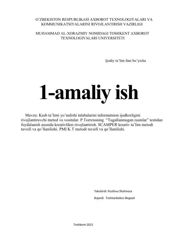 Kasb ta’limi yo’nalishi talabalarini informatsion ijodkorligini rivojlantiruvchi metod va vositalar