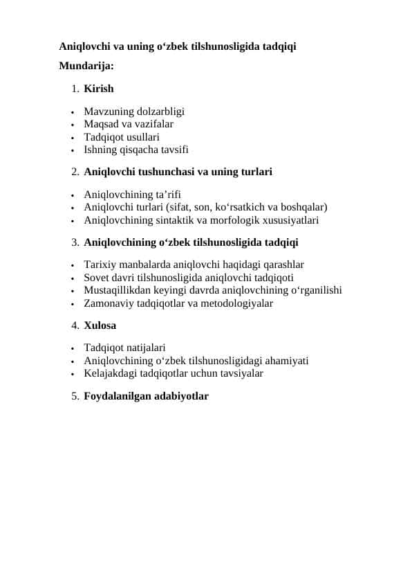 Aniqlovchi va uning oʻzbek tilshunosligida tadqiqi