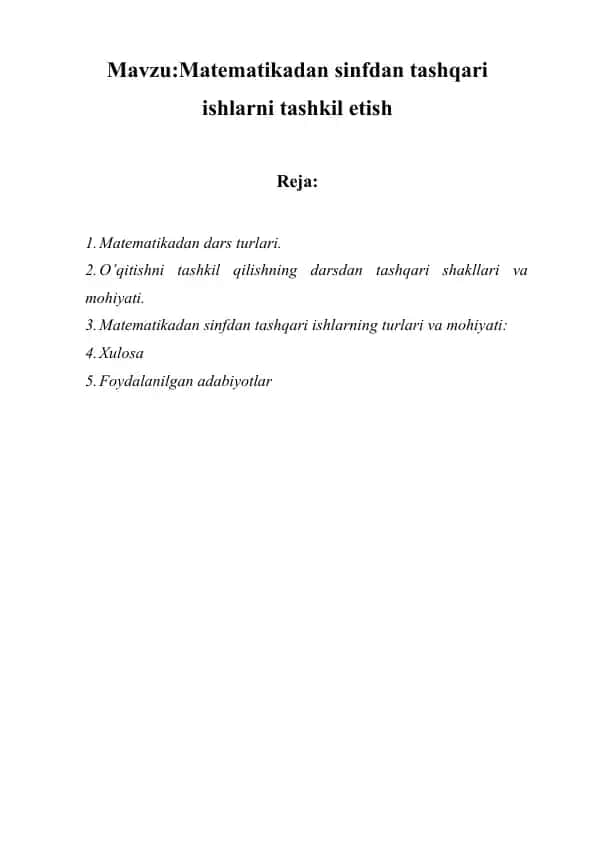 Matematikadan sinfdan tashqari ishlarni tashkil etish