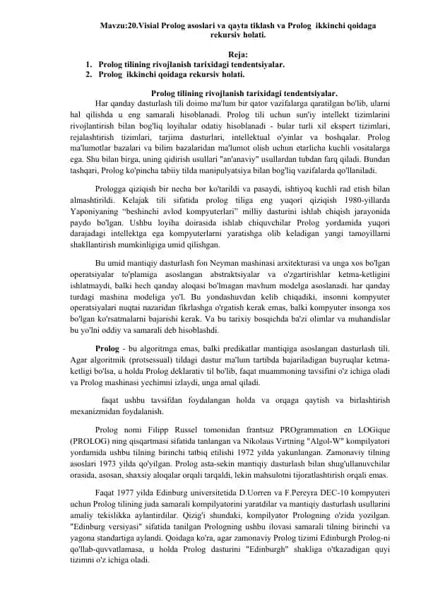 Prolog tilining rivojlanish tarixidagi tendentsiyalar